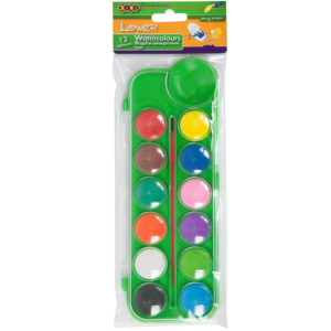 Акварельные краски 12 цветов, пластиковая коробка с крышкой + кисточка