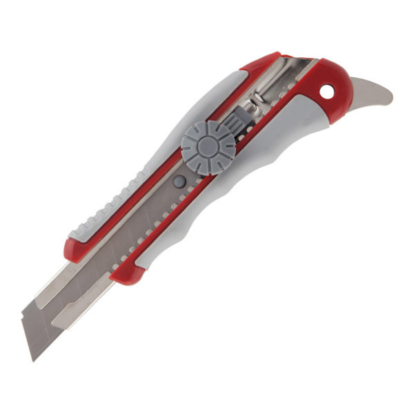 Нож универсальный 18 мм в пласт. корпусе с метал. направляющей, с доп.крючком, винт